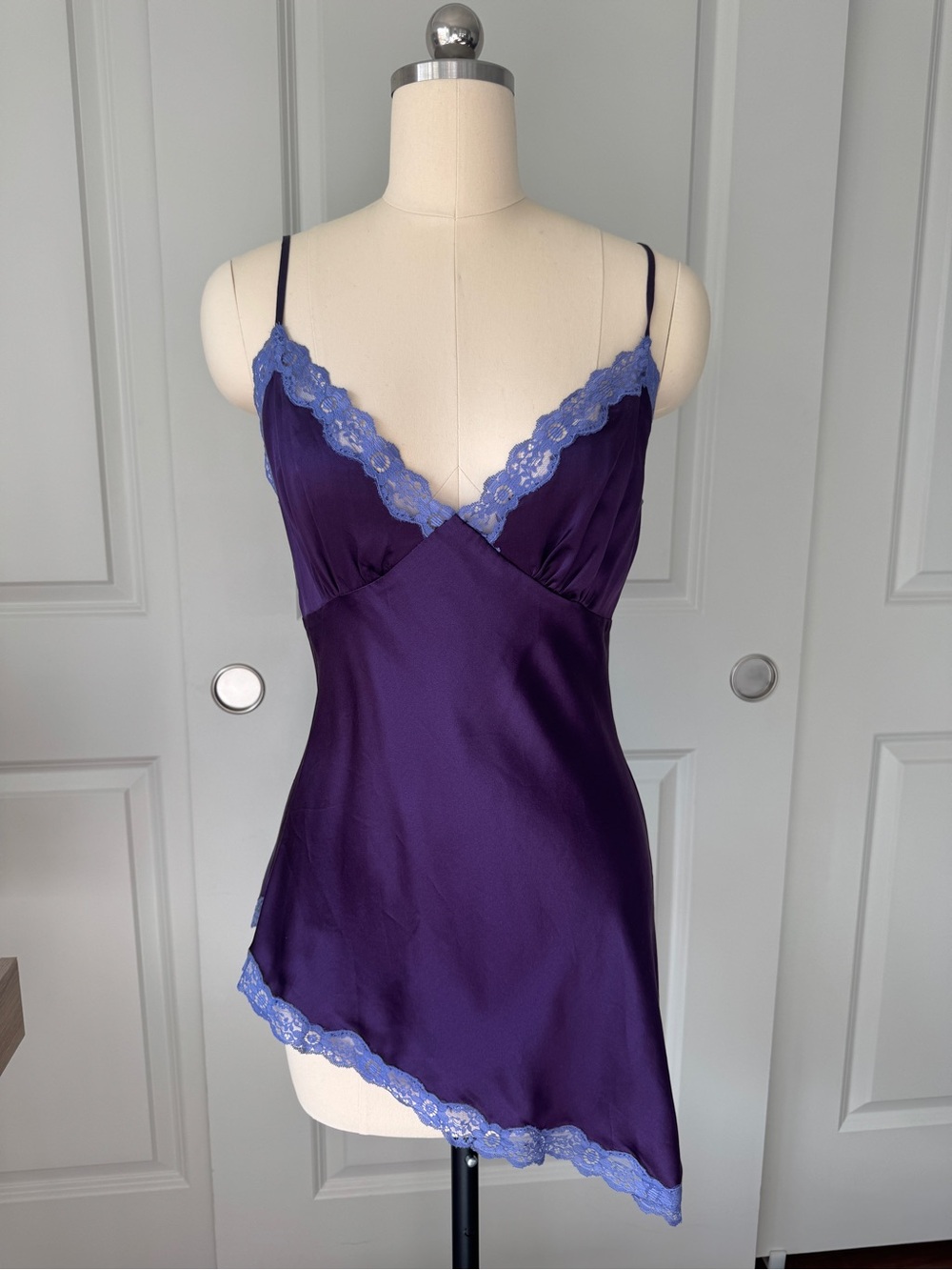 Reformation Deep Purple Silk Slip with Periwinkle Lace